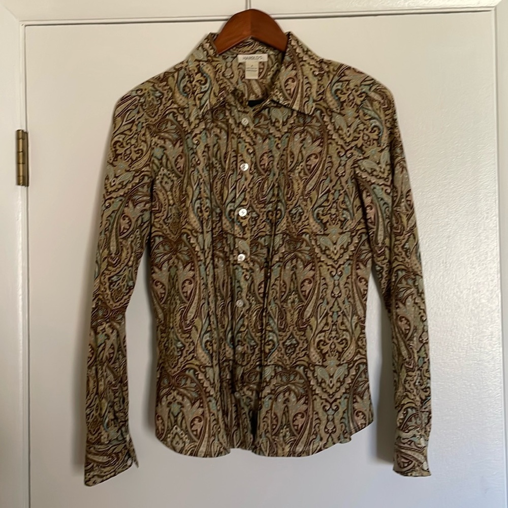 Harold’s women’s button down shirt— brown, green and turquoise paisley - size 8